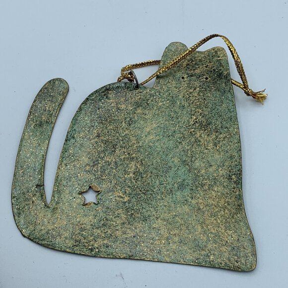 Set of 3 Rustic Metal Ornaments - Green Cat, Copper Moon Wolf, Gold Wire Tree - Picture 5 of 9